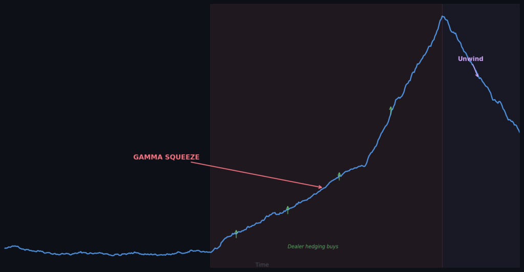 Gamma squeeze price action showing explosive rally from dealer hedging feedback loop followed by unwind