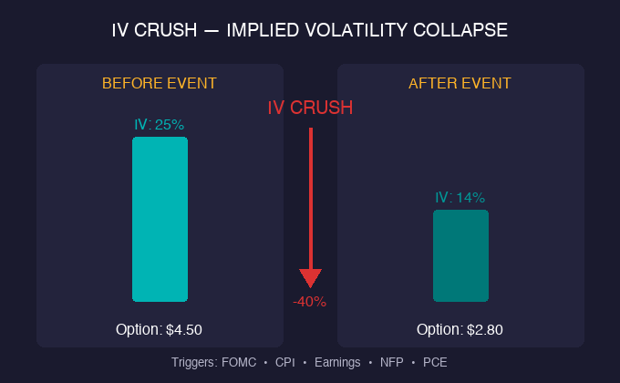 IV crush showing implied volatility collapse before and after a binary event on SPX options with premium decline