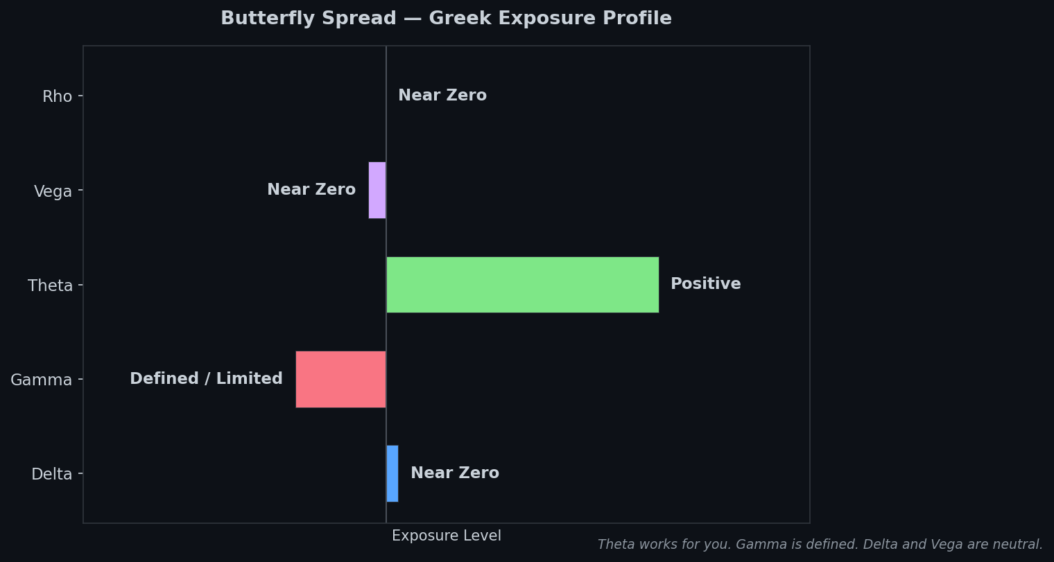 Options Greeks exposure profile for a butterfly spread on SPX showing near-zero delta and vega with defined gamma and positive theta